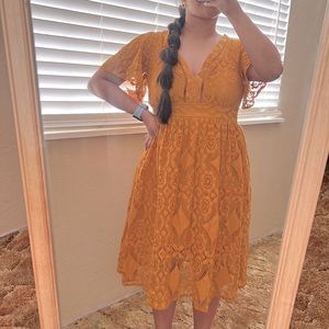 Mustard Eyelet Midi Short Sleeve Dress